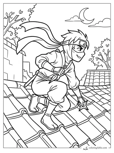 Anime ninja crouches on tiled rooftops with a kunai, headband, scarf, crescent moon, clouds, and trees.