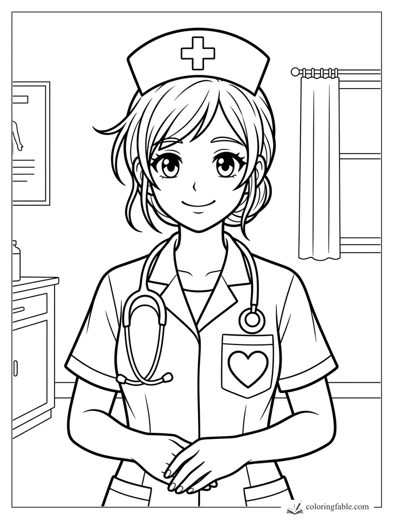 Anime nurse smiling in a clinic room with cross cap, stethoscope, heart pocket, curtain, and cabinet