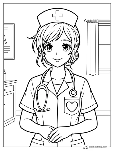 Anime nurse smiling in a clinic room with cross cap, stethoscope, heart pocket, curtain, and cabinet
