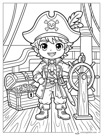 Anime pirate boy smiling at a ship wheel beside an open treasure chest on deck