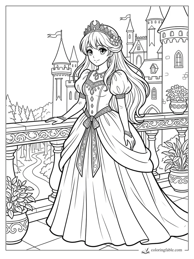Anime princess in a jeweled gown on a castle balcony with towers, flags, potted plants, and a winding path