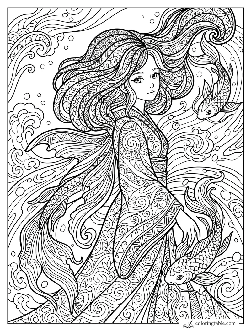 Intricate anime river maiden with flowing patterned hair, kimono, waves, bubbles, and two koi fish
