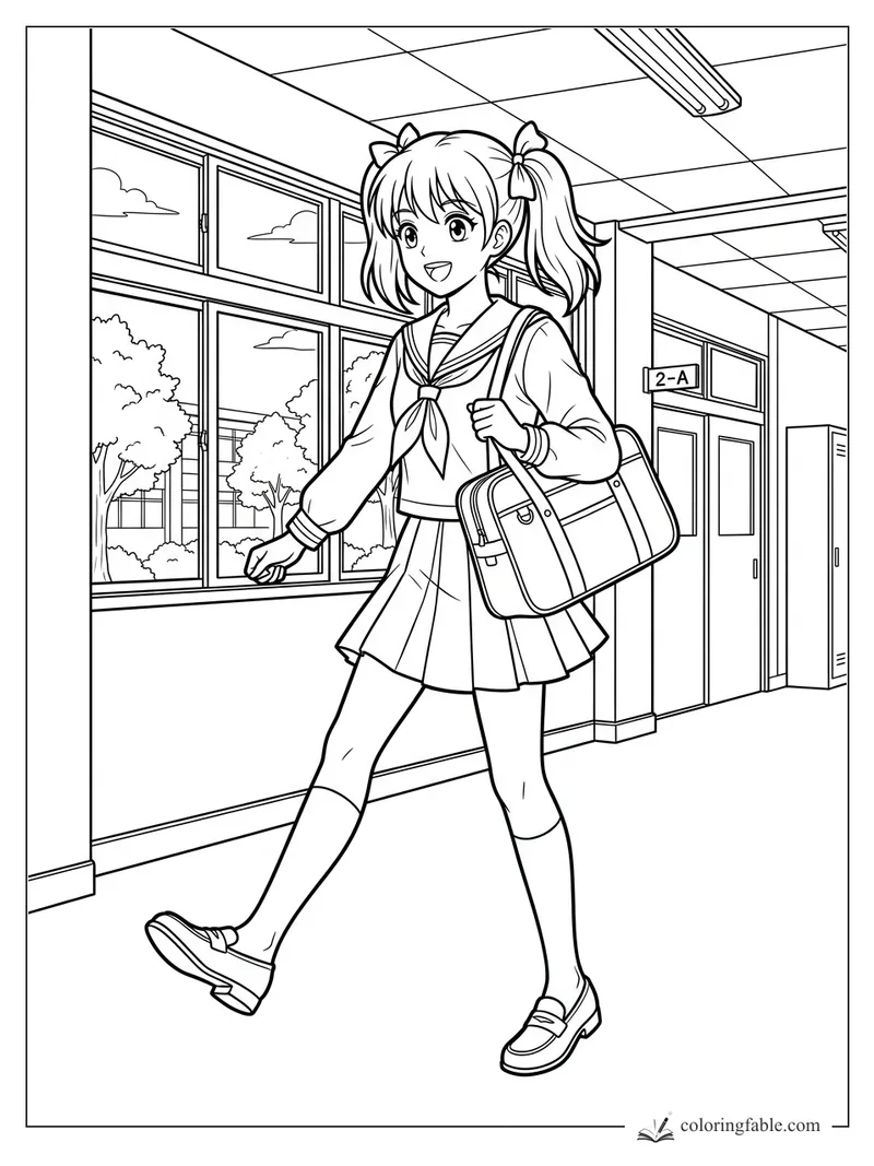 Anime schoolgirl with twin ponytails walking down a school hallway past windows and room 2-A.