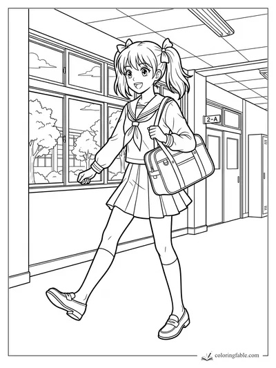 Anime schoolgirl with twin ponytails walking down a school hallway past windows and room 2-A.