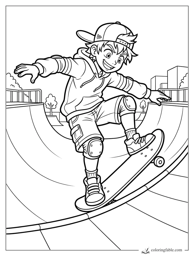 Anime boy skateboarding on a half-pipe with knee pads, hoodie, backward cap, trees, and city buildings.