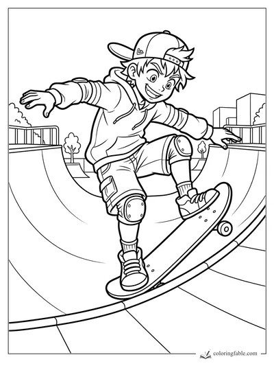 Anime boy skateboarding on a half-pipe with knee pads, hoodie, backward cap, trees, and city buildings.