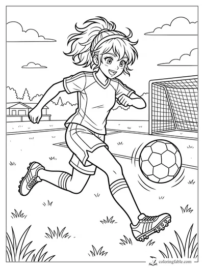 Anime soccer girl running after a ball near a goal on a grassy field