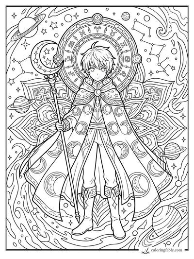Anime star mage holding a crescent staff before a zodiac mandala, planets, constellations, and swirling space