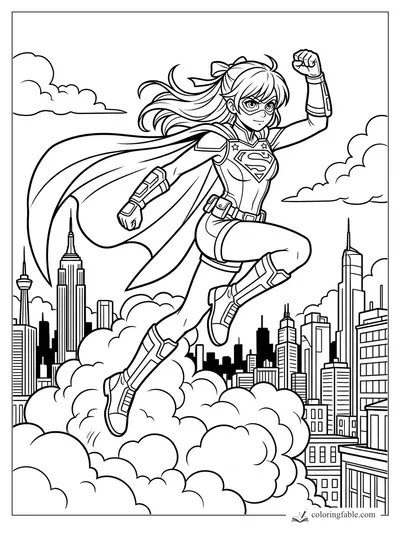 Anime superhero girl flying over a city skyline with cape, mask, clouds, and raised fist