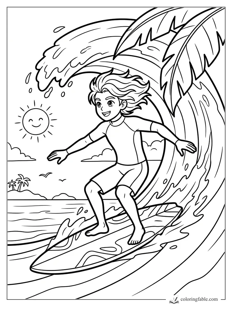 Anime boy surfing a curling wave with palm leaves, smiling sun, birds, and tiny island in the background