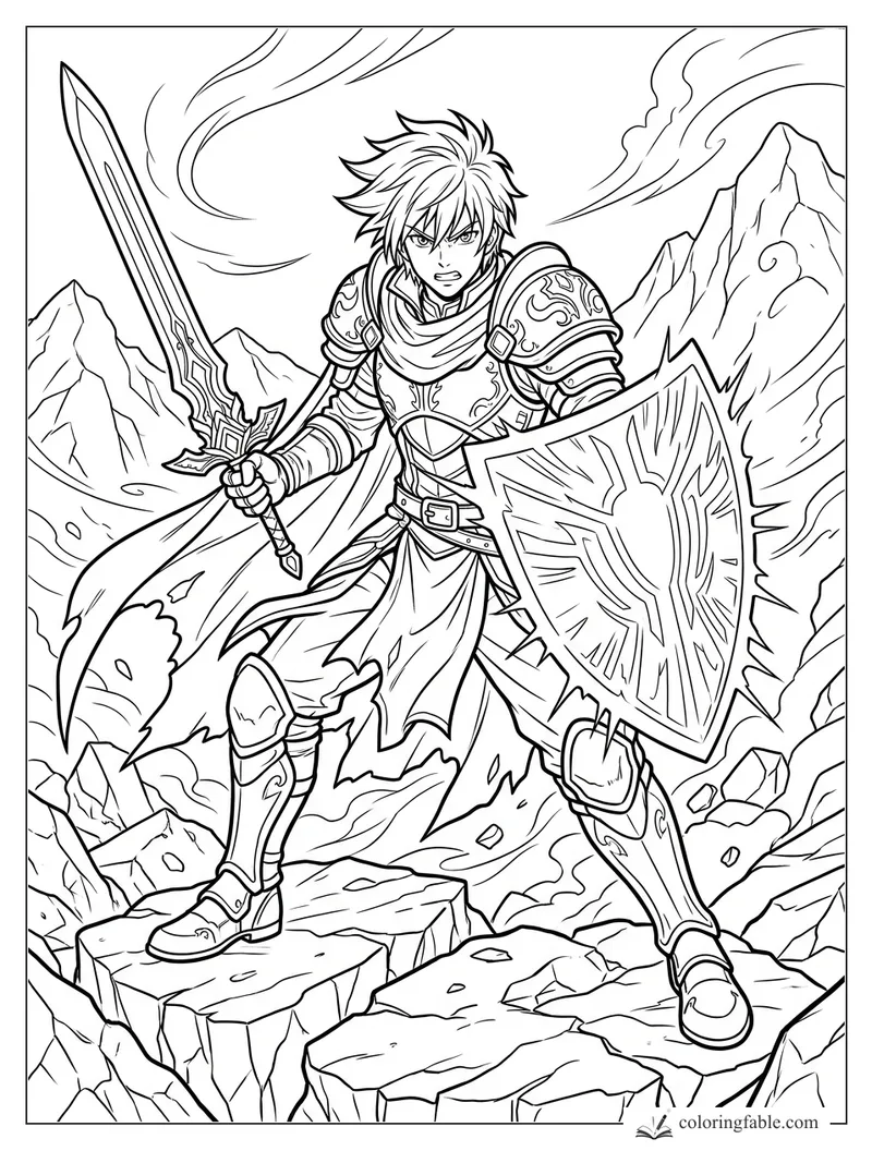 Anime warrior with sword, shield, armor, and scarf standing on a rocky mountain pass