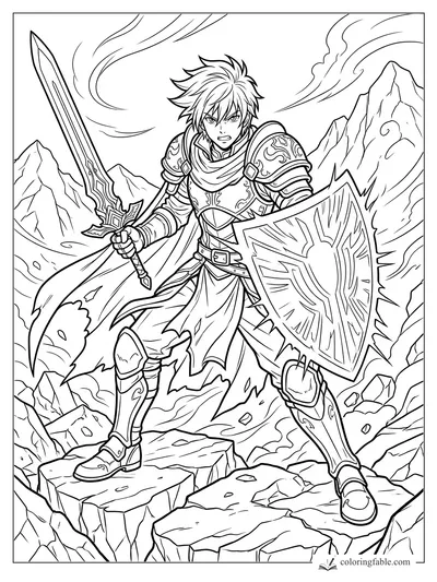 Anime warrior with sword, shield, armor, and scarf standing on a rocky mountain pass