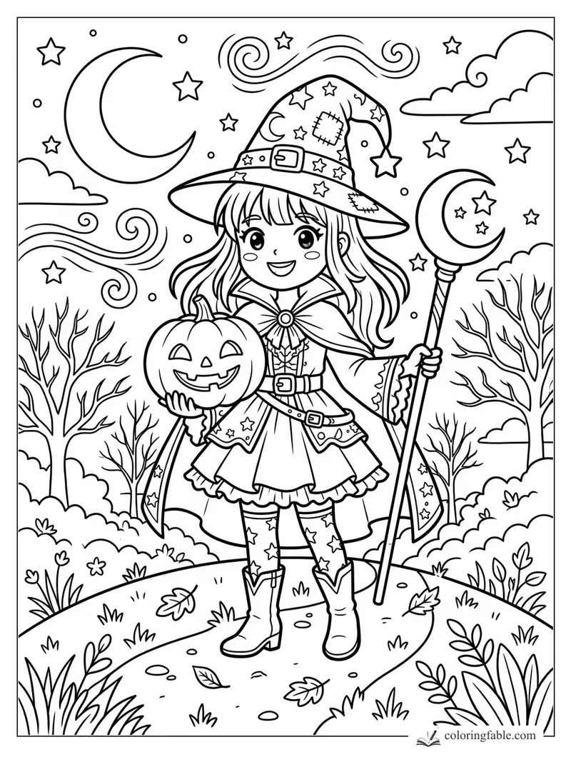 Anime witch girl holding a jack-o’-lantern and crescent moon staff under stars and swirling night clouds.