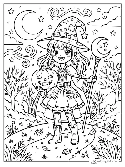 Anime witch girl holding a jack-o’-lantern and crescent moon staff under stars and swirling night clouds.