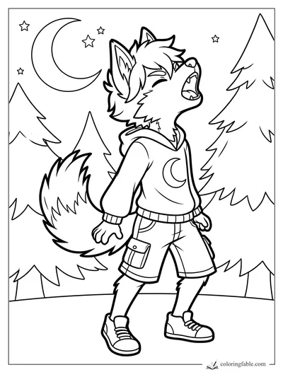 Anime wolf kid howling in a hoodie and shorts beneath a crescent moon, stars, and pine trees.