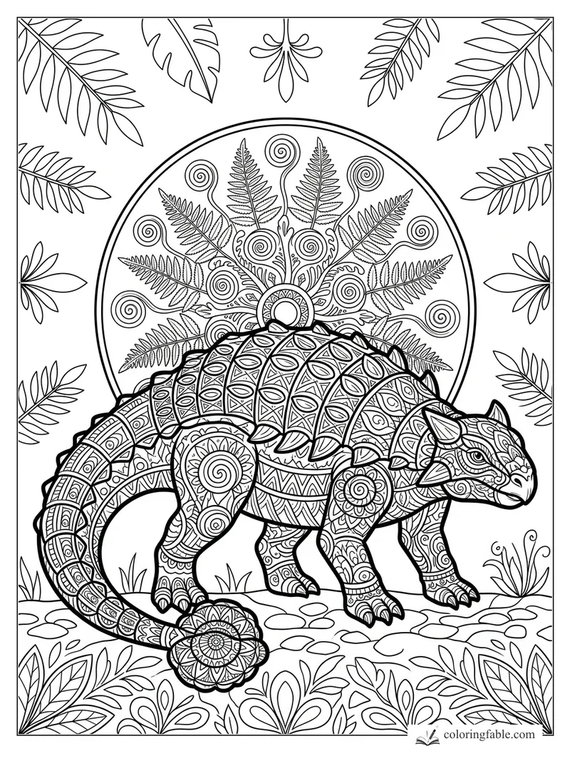 Intricate ankylosaurus mandala with armored plates, fern spirals, leafy border, stones, and jungle plants.
