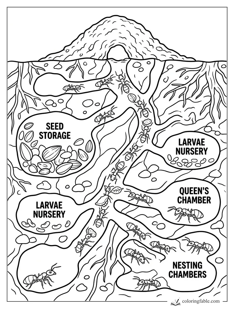 Ant colony cross-section with tunnels, seed storage, larvae nurseries, queen’s chamber, and worker ants.