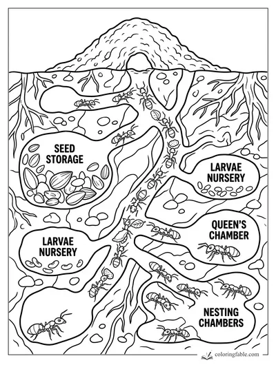 Ant colony cross-section with tunnels, seed storage, larvae nurseries, queen’s chamber, and worker ants.