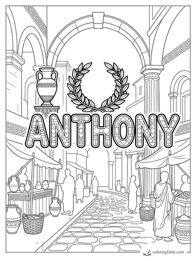 Geometric Anthony name coloring page with laurel wreath, Roman arches, columns, market stalls, and pottery