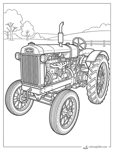 Intricate antique tractor coloring page with exposed engine, tall exhaust, spoked wheels, hills and fence