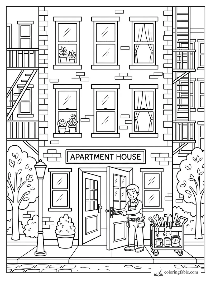 Apartment house coloring page with handyman, open front doors, tool cart, balconies, windows, plants, and trees.