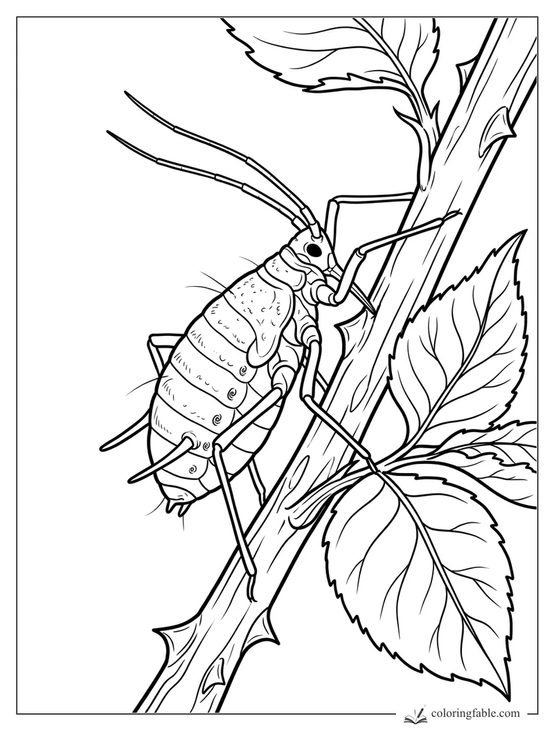 Realistic aphid with long antennae climbing a thorny rose stem with serrated leaves