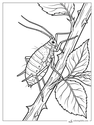 Realistic aphid with long antennae climbing a thorny rose stem with serrated leaves