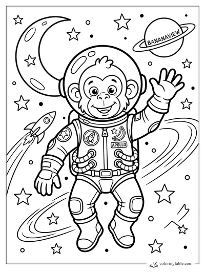 Smiling monkey astronaut in a space suit waving among stars, rocket, crescent moon, and Bananaview planet.