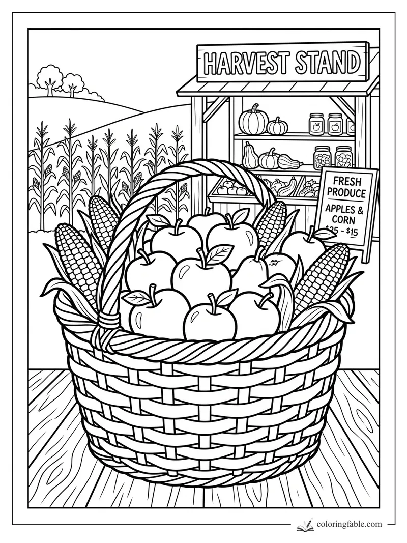 Thanksgiving harvest stand with a woven basket of apples and corn, field rows, jars, pumpkins, and produce sign