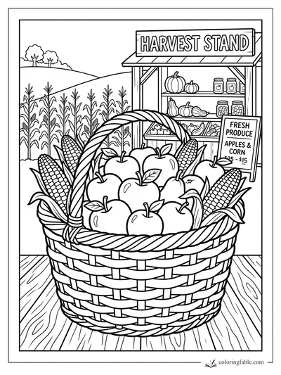 Thanksgiving harvest stand with a woven basket of apples and corn, field rows, jars, pumpkins, and produce sign