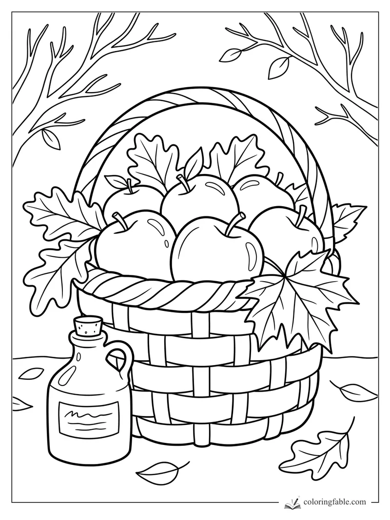 Bold easy coloring page of apples in a woven basket with fall leaves and a small cider jug.