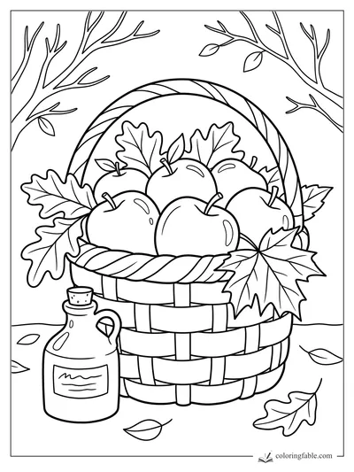 Bold easy coloring page of apples in a woven basket with fall leaves and a small cider jug.