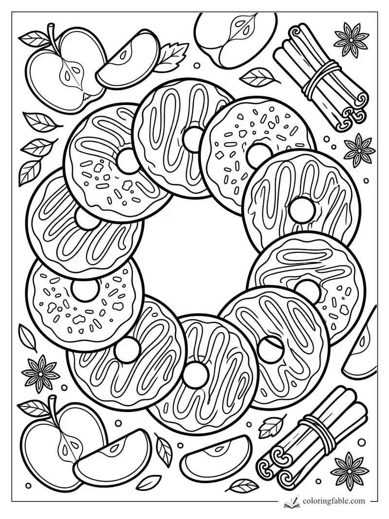 Apple cider donut wreath with sliced apples, cinnamon sticks, leaves, and star anise to color
