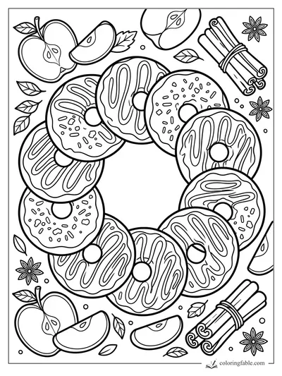 Apple cider donut wreath with sliced apples, cinnamon sticks, leaves, and star anise to color