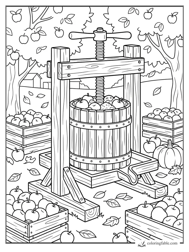 Wooden apple cider press surrounded by apple crates, orchard trees, falling leaves, and a pumpkin.