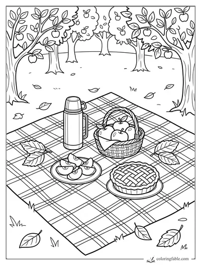 Fall apple orchard picnic coloring page with plaid blanket, thermos, basket, sliced apples, and lattice pie