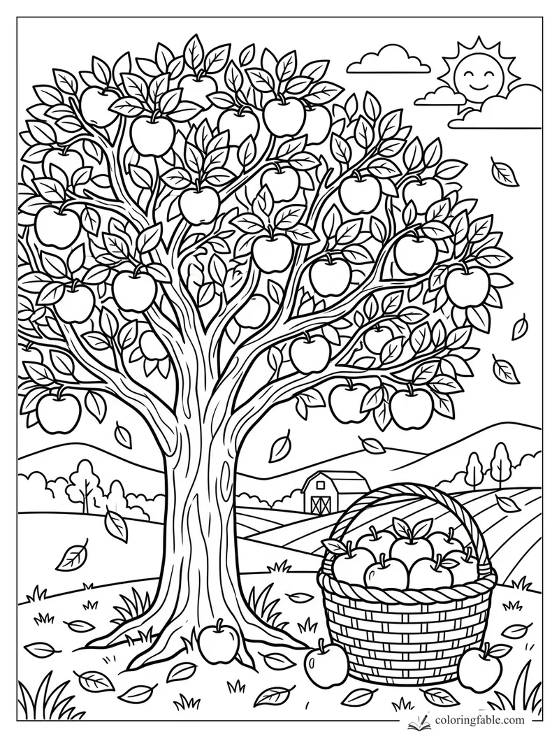 Apple tree full of fruit, woven basket of apples, falling leaves, sunny farm hills coloring page