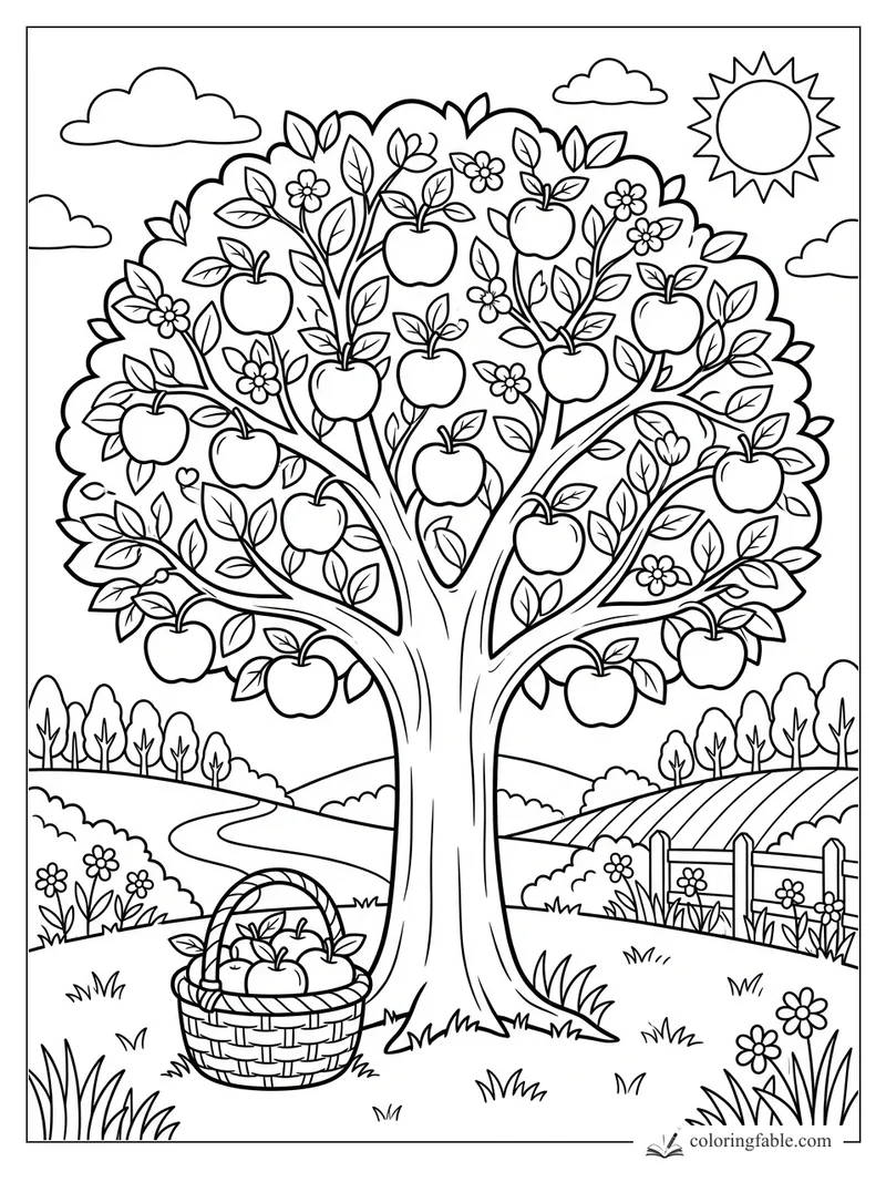 Cartoon apple tree full of fruit and blossoms, with a basket, rolling fields, clouds, and sun
