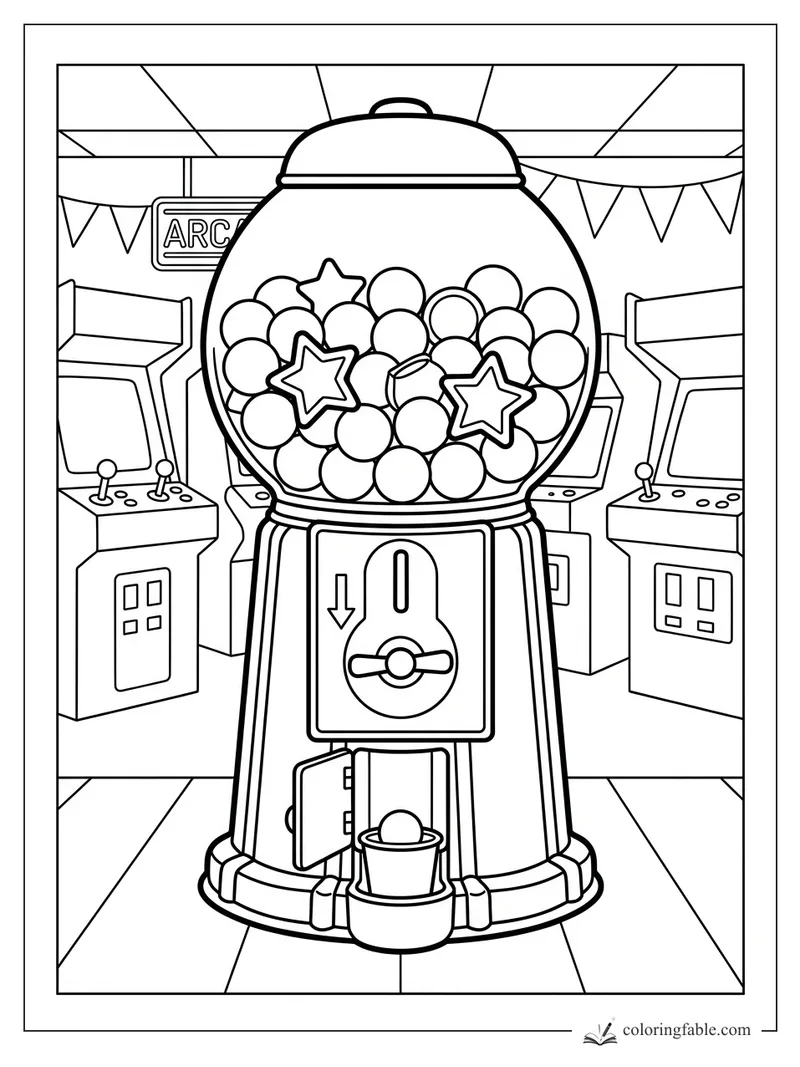 Arcade gumball machine filled with round candies and star sweets, with joysticks and pennants behind it.