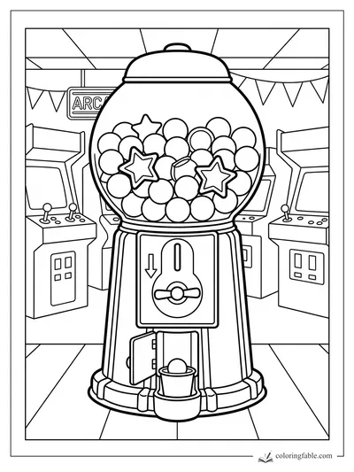 Arcade gumball machine filled with round candies and star sweets, with joysticks and pennants behind it.