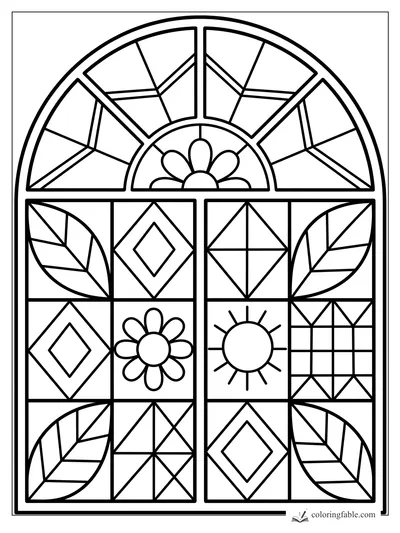 Easy stained glass coloring page with arched window, flowers, leaves, sun, diamonds, and bold geometric panes.