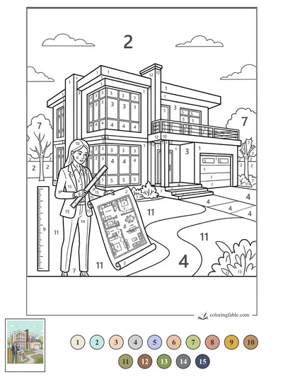 Architect with Blueprints Outside a Modern House — color by number