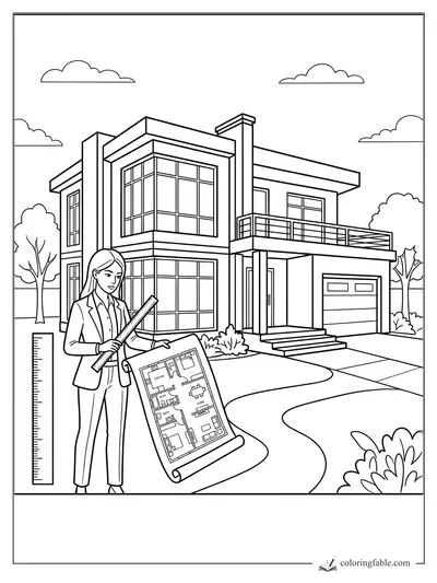Architect holding blueprints and ruler in front of a modern two-story house with balcony and garage