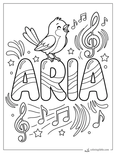 Aria name coloring page with a singing bird, music notes, treble clefs, stars, and wavy sound lines