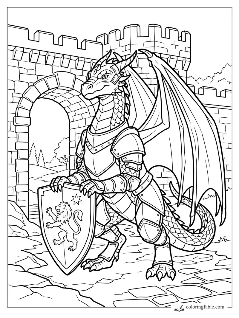 Armored dragon holding a lion shield before a stone castle gate