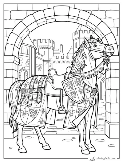 Armored horse with fleur-de-lis tack standing under a stone castle archway