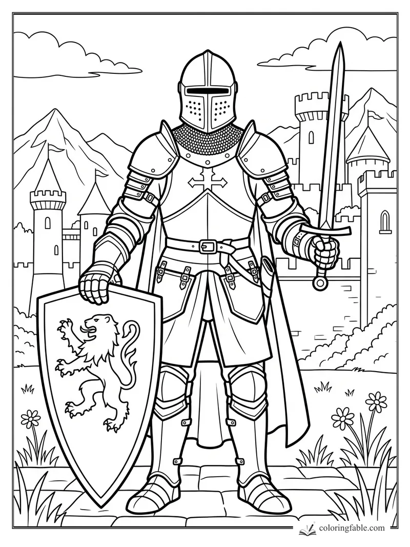 Knight in full armor holding a sword and lion shield before a castle and mountains