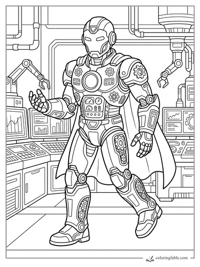 Armored superhero with cape in a lab, surrounded by robot arms, pipes, monitors, and gear panels.