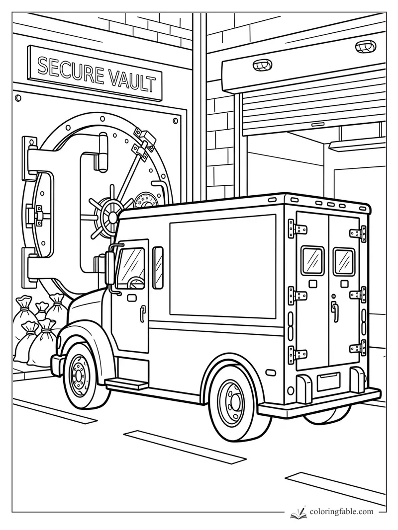 Armored truck parked by an open secure vault door with money bags and a loading bay.