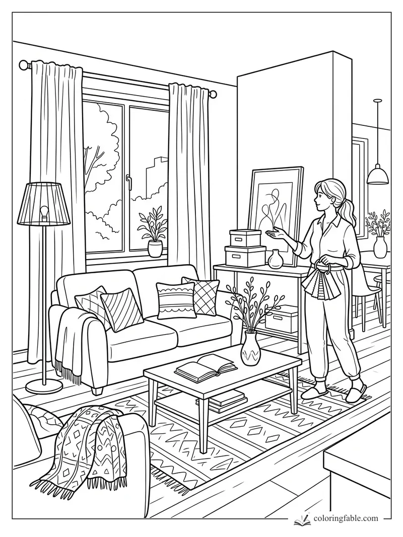 Woman holding fabric swatches in a living room with sofa, tall curtains, plants, lamp, and patterned rug